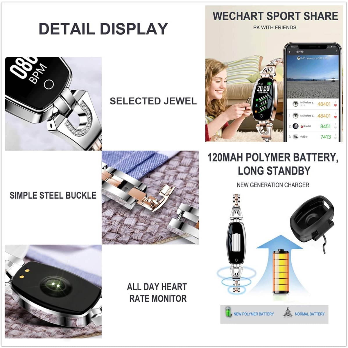 Women's Stainless Steel Fitness Smartwatch with Heart Monitor