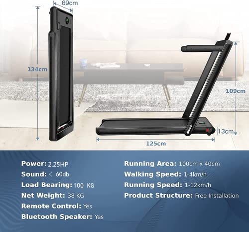 COSTWAY 2-in-1 Folding Treadmill, 2.25HP Motor, Bluetooth Speaker