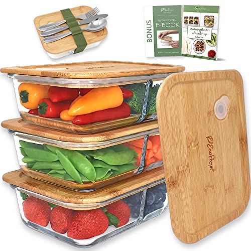 EcoPreps Glass Meal Containers with Bamboo Lids (3 Pack)