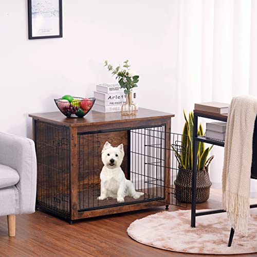 DWANTON Rustic Brown Dog Crate Furniture with Cushion