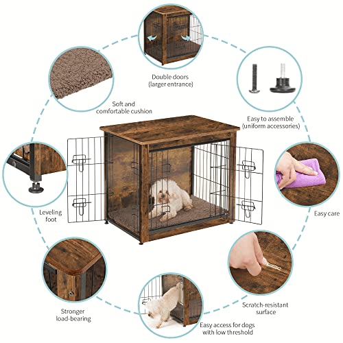 DWANTON Rustic Brown Dog Crate Furniture with Cushion