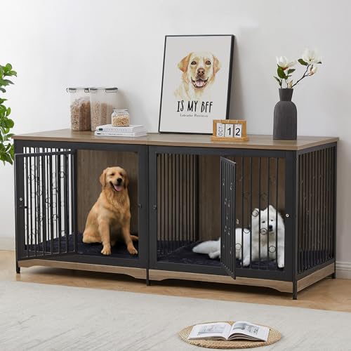 Large Breed Dog Crate Furniture with Cushion, Double Rooms