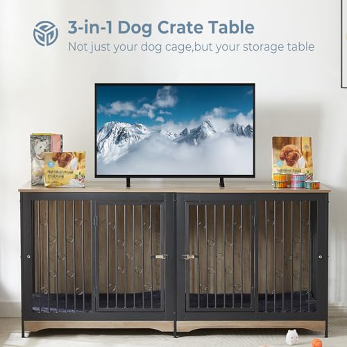 Large Breed Dog Crate Furniture with Cushion, Double Rooms