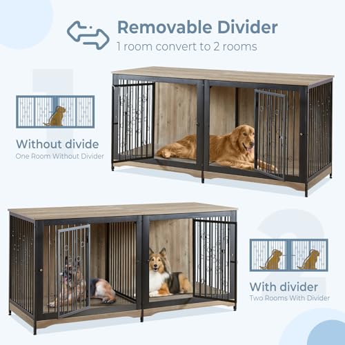 Large Breed Dog Crate Furniture with Cushion, Double Rooms