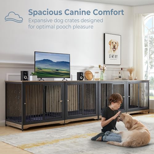 Large Breed Dog Crate Furniture with Cushion, Double Rooms