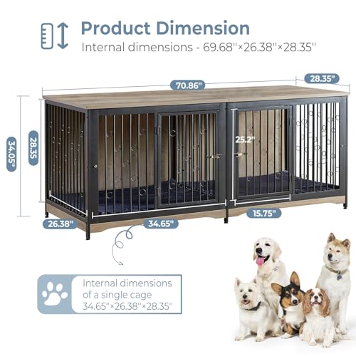 Large Breed Dog Crate Furniture with Cushion, Double Rooms