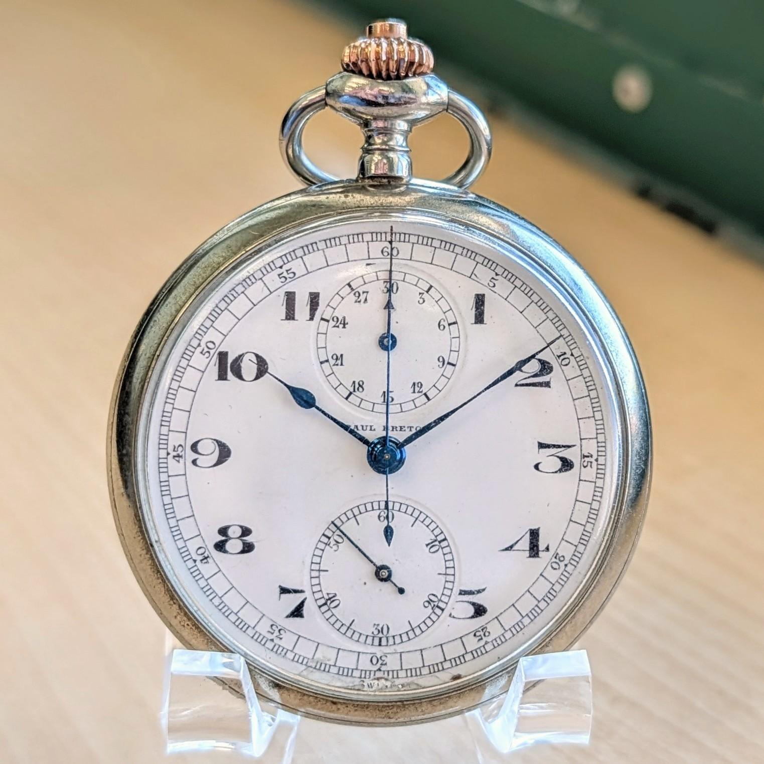 Paul Breton Openface Monopusher Chronograph Pocket Watch