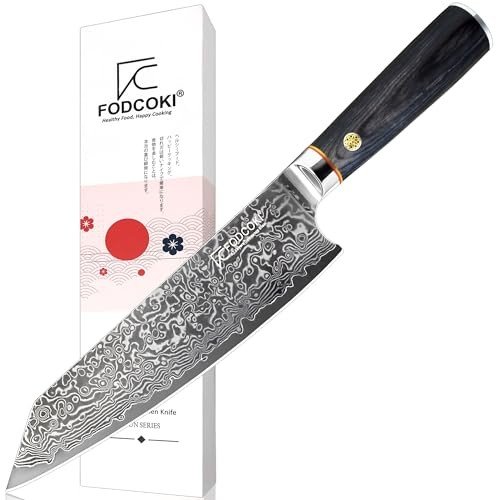 FODCOKI Chef Knife 8 Inch Damascus Kitchen Knife Japanese Chefs Knife VG 10 Super Sharp High Carbon Stainless Steel Professional Cutting Knife for Meat Vegetable