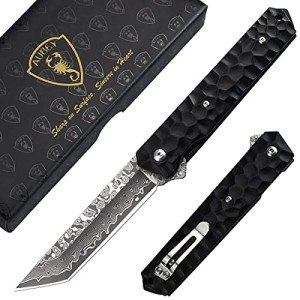 AUBEY Damascus Pocket Knife, Tanto VG10 Core Damascus Steel Folding Knives with Ball Bearing, Aluminum Alloy Non-Slip Handle and Glass Breaker, EDC Damascus Knife for Men Women (Black)