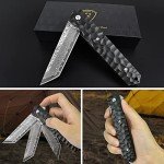 AUBEY Damascus Pocket Knife, Tanto VG10 Core Damascus Steel Folding Knives with Ball Bearing, Aluminum Alloy Non-Slip Handle and Glass Breaker, EDC Damascus Knife for Men Women (Black)