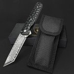 AUBEY Damascus Pocket Knife, Tanto VG10 Core Damascus Steel Folding Knives with Ball Bearing, Aluminum Alloy Non-Slip Handle and Glass Breaker, EDC Damascus Knife for Men Women (Black)
