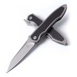 KATSU Camping Pocket Folding Japanese Knife, Titanium & Carbon Fiber Handle, Frame Lock, Stonewashed Blade and Titanium Clip, Leather Sheath…