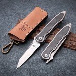 KATSU Camping Pocket Folding Japanese Knife, Titanium & Carbon Fiber Handle, Frame Lock, Stonewashed Blade and Titanium Clip, Leather Sheath…