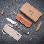 KATSU Camping Pocket Folding Japanese Knife, Titanium & Carbon Fiber Handle, Frame Lock, Stonewashed Blade and Titanium Clip, Leather Sheath…