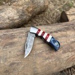 W TRADING Handmade Damascus Folding Knife - Pocket Knife for Men, EDC gift Knife & Damascus Blade folding Knife with Back Lock & Red, Blue pakka Wood & Bone Handle with Leather Knife Sheath