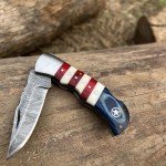 W TRADING Handmade Damascus Folding Knife - Pocket Knife for Men, EDC gift Knife & Damascus Blade folding Knife with Back Lock & Red, Blue pakka Wood & Bone Handle with Leather Knife Sheath