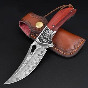 KOMWERO Damascus Pocket Knife for Men Women, Sharp VG10 Core Damascus Steel Knife for Outdoor Camping Survival Hunting - Wood Handle, Ball Bearing, Leather Sheath, Liner Lock