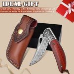 KOMWERO Damascus Pocket Knife for Men Women, Sharp VG10 Core Damascus Steel Knife for Outdoor Camping Survival Hunting - Wood Handle, Ball Bearing, Leather Sheath, Liner Lock