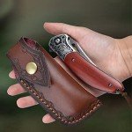 KOMWERO Damascus Pocket Knife for Men Women, Sharp VG10 Core Damascus Steel Knife for Outdoor Camping Survival Hunting - Wood Handle, Ball Bearing, Leather Sheath, Liner Lock