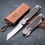KATSU Camping Pocket Folding Japanese Knife, Titanium & Carbon Fiber Handle, Frame Lock, Stonewashed Cleaver Razor Blade with CPM S35VN Steel, Leather Sheath