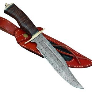 REG-734, Handmade Damascus Steel 13.5 Inches Hunting Knife - Rose Wood/Leather Handle