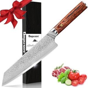 Ompusos Chef Knife 8 Inch, Super Sharp Pro Japanese Kitchen Knives, Damascus Chefs Knife VG-10 High Carbon Stainless Steel, Ergonomic Wooden Handle Cooking Knife, Gift Box for Family & Restaurant