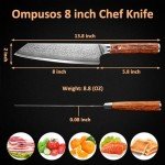 Ompusos Chef Knife 8 Inch, Super Sharp Pro Japanese Kitchen Knives, Damascus Chefs Knife VG-10 High Carbon Stainless Steel, Ergonomic Wooden Handle Cooking Knife, Gift Box for Family & Restaurant