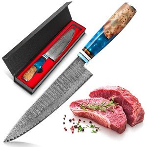 KEENZO Damascus Chef Knife 8 inch, Professional Kitchen Knives,Sharp High Carbon Stainless Steel Cooking Knife, Ergonomic Blue Resin & Natural Wood Handle with Gift Box for Home & Restaurant