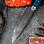 KEENZO Damascus Chef Knife 8 inch, Professional Kitchen Knives,Sharp High Carbon Stainless Steel Cooking Knife, Ergonomic Blue Resin & Natural Wood Handle with Gift Box for Home & Restaurant