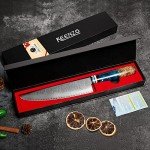 KEENZO Damascus Chef Knife 8 inch, Professional Kitchen Knives,Sharp High Carbon Stainless Steel Cooking Knife, Ergonomic Blue Resin & Natural Wood Handle with Gift Box for Home & Restaurant