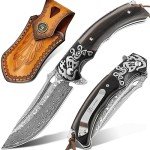 LOTHAR Damascus Pocket Knife for Men, Handmade Forged VG10 Damascus Folding Knife with Clip and Retro Leather Sheath, Men Gifts for Birthday, Anniversaries, Christmas Stocking Stuffers for Men (Black Sandalwood)