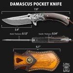 LOTHAR Damascus Pocket Knife for Men, Handmade Forged VG10 Damascus Folding Knife with Clip and Retro Leather Sheath, Men Gifts for Birthday, Anniversaries, Christmas Stocking Stuffers for Men (Black Sandalwood)