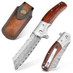 AUBEY Damascus Pocket Knife with Leather Sheath, 3.14" Damascus Steel Blade Folding Knives with Wood Handle and Clip, Gift for Camping Collection