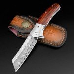 AUBEY Damascus Pocket Knife with Leather Sheath, 3.14" Damascus Steel Blade Folding Knives with Wood Handle and Clip, Gift for Camping Collection