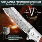 AUBEY Damascus Pocket Knife with Leather Sheath, 3.14" Damascus Steel Blade Folding Knives with Wood Handle and Clip, Gift for Camping Collection