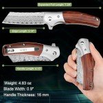 AUBEY Damascus Pocket Knife with Leather Sheath, 3.14" Damascus Steel Blade Folding Knives with Wood Handle and Clip, Gift for Camping Collection