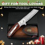 AUBEY Damascus Pocket Knife with Leather Sheath, 3.14" Damascus Steel Blade Folding Knives with Wood Handle and Clip, Gift for Camping Collection