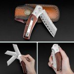AUBEY Damascus Pocket Knife with Leather Sheath, 3.14" Damascus Steel Blade Folding Knives with Wood Handle and Clip, Gift for Camping Collection