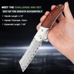 AUBEY Damascus Pocket Knife with Leather Sheath, 3.14" Damascus Steel Blade Folding Knives with Wood Handle and Clip, Gift for Camping Collection