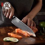 MITSUMOTO SAKARI 8.5 inch Japanese Damascus Chef Knife, Professional Hand-Forged VG-10 Damascus Santoku Knife, Ultra Sharp Meat Sushi Cleaver Kitchen Knife (Nanmu Knife Handle & Sandalwood Box)
