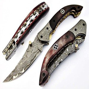 FZ-01 Handmade Damascus pocket knife for men | Folding knife with liner lock | Bushcraft knife for Fishing, Camping, Hiking | Damascus steel hunting knife | Camping Knife with Leather Sheath.