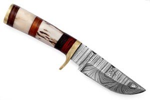 Handmade Beautiful Damascus Steel Knife, 6” Fix Blade Knife with Leather Sheath, Handle made of Stag Horn and Camel Bone with Colour Wood Spacers with Brass Guard