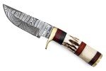 Handmade Beautiful Damascus Steel Knife, 6” Fix Blade Knife with Leather Sheath, Handle made of Stag Horn and Camel Bone with Colour Wood Spacers with Brass Guard