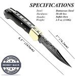 Best.Buy.Damascus1 Ultimate Folding Knife Black Buffalo Horn Pocket Knife Compact, Damascus Knife - Ideal knife for Outdoor, Survival, Hunting, Camping Knives & Everyday Use Knife Set