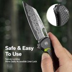 CIVIVI Nugz Folding Pocket Knife for EDC, 3.17" Damascus Reverse Tanto Blade Twill Carbon Fiber Overlay on Black G10 Handle Flipper Knife for Ideal Gift to Men Women C23060-DS1 (Black)