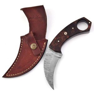 Crafted Folding Design Damascus steal Hunting Knife - Fixed Blade knife Rosewood Handle with Leather Sheath - Ideal for Skinning Camping Outdoors