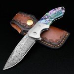 KOMWERO Damascus Pocket Knife, Sharp Damascus Steel Knife with Abalone Shell Handle, EDC Folding Knife for Men Hunting, 60 HRC