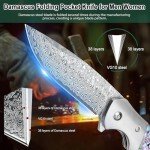 KOMWERO Damascus Pocket Knife, Sharp Damascus Steel Knife with Abalone Shell Handle, EDC Folding Knife for Men Hunting, 60 HRC