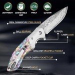 KOMWERO Damascus Pocket Knife, Sharp Damascus Steel Knife with Abalone Shell Handle, EDC Folding Knife for Men Hunting, 60 HRC