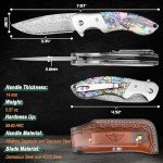 KOMWERO Damascus Pocket Knife, Sharp Damascus Steel Knife with Abalone Shell Handle, EDC Folding Knife for Men Hunting, 60 HRC
